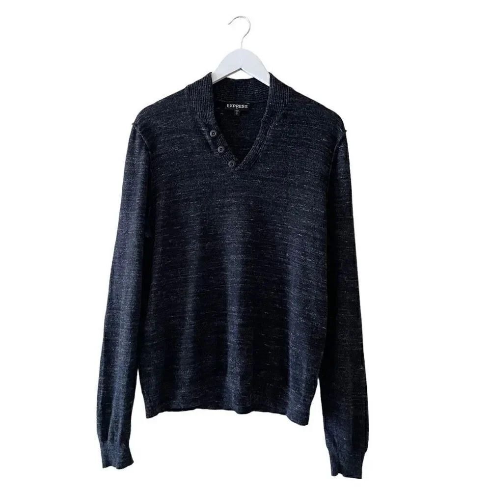 Express Heather Navy  V Neck Long Sleeves Cotton Wool Blend Men’s SZ M #1526